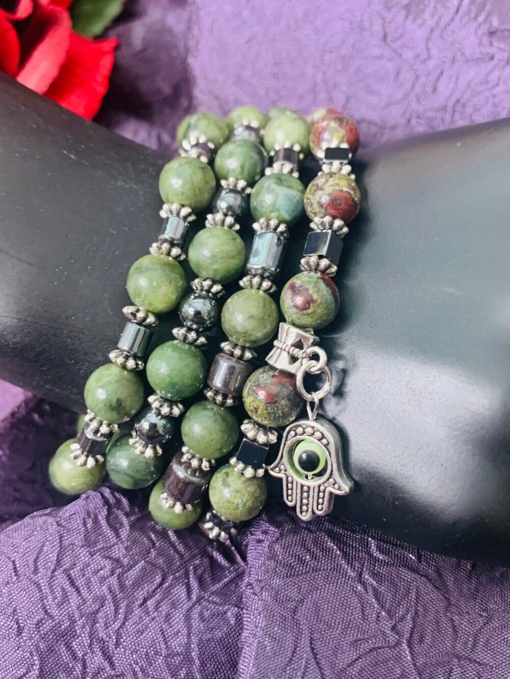 Evil Eye Charm, Dragon Blood Jasper, Hematite & Pewter Bead Bracelet Set